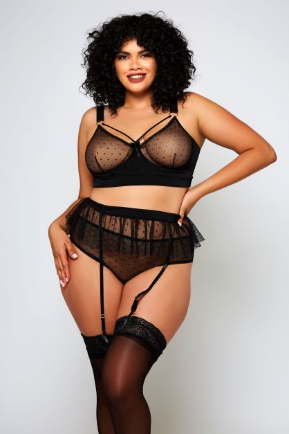 black mesh polka dot set with bralette panty and garter front view 