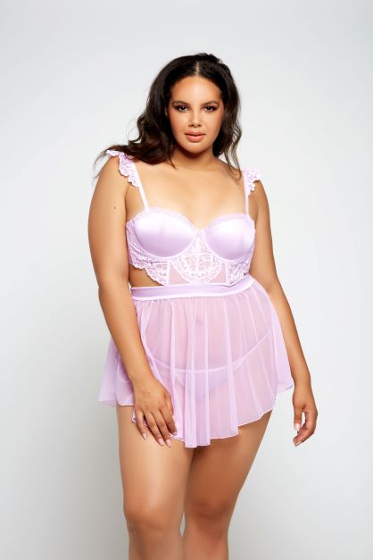 lavender babydoll with soft cups and lace applique front view 