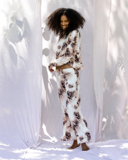 Cream and brown tie die hoodie loungewear pajama set front view 