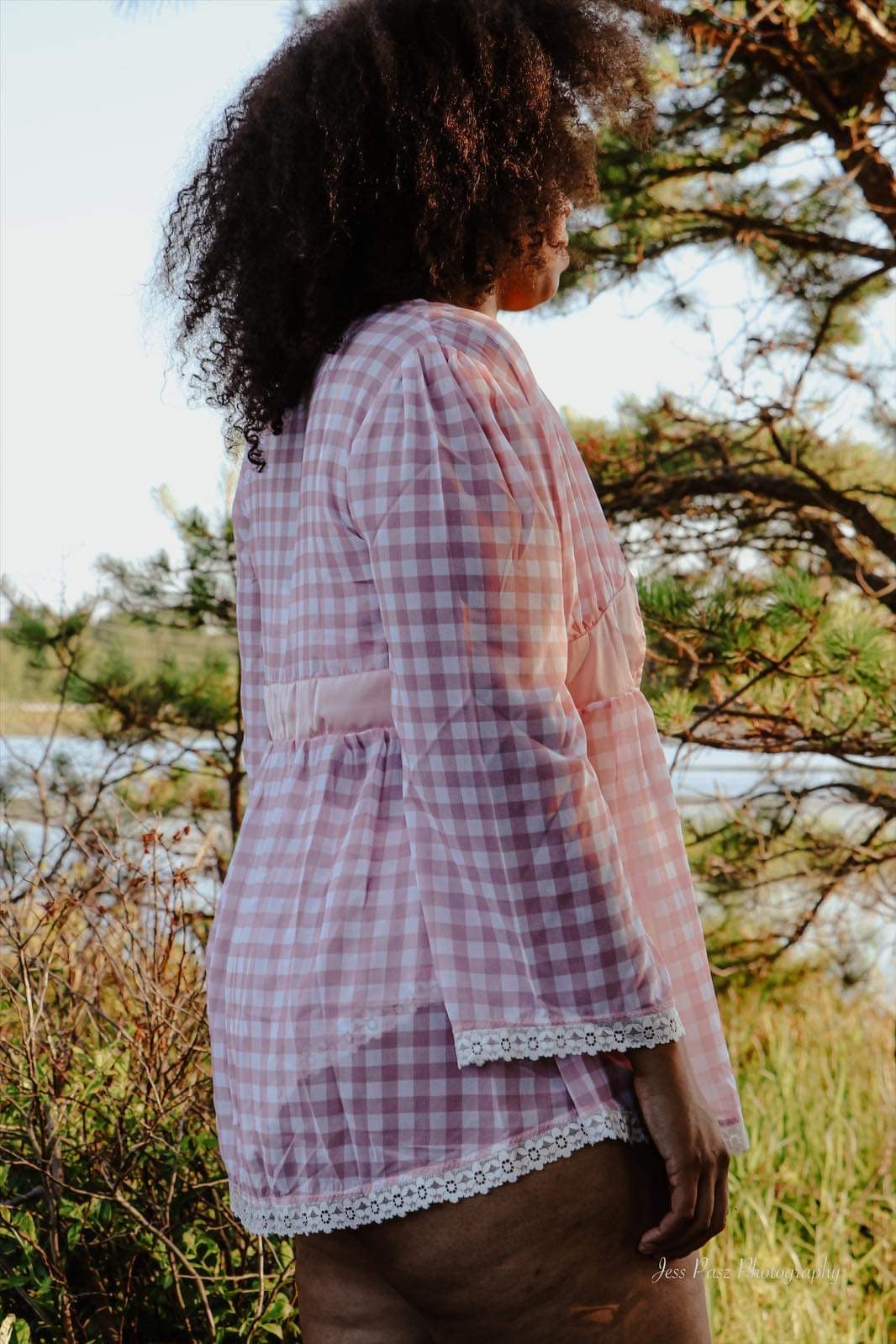 Kilo Brava pink gingham robe with satin belt lace trim and yellow details front view