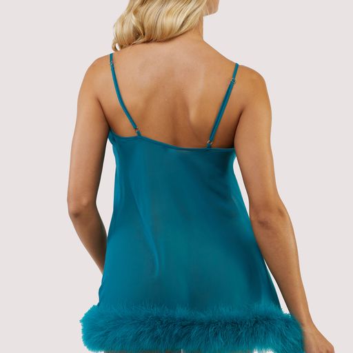 teal babydoll nightgown feathers on bottom hem back view