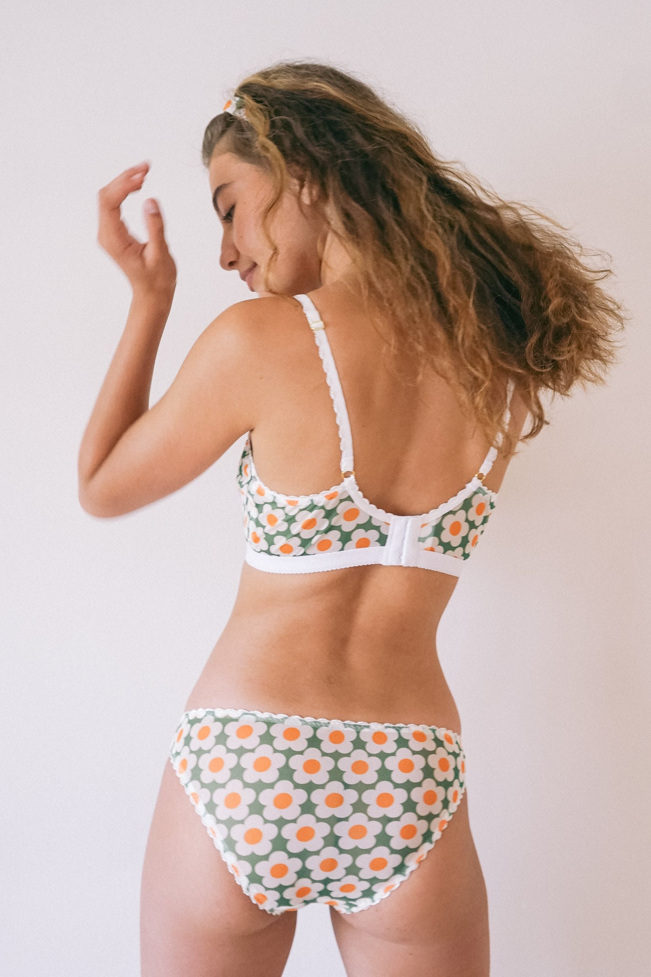 matching bralette and high leg panty green with poppy flowers back view