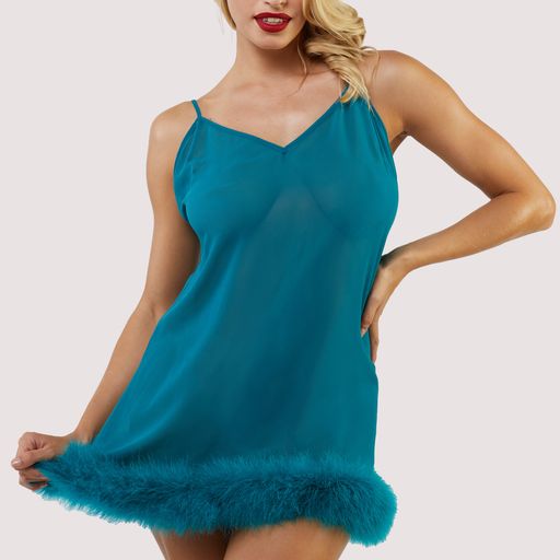 teal babydoll nightgown feathers on bottom hem front view