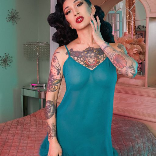 teal babydoll nightgown feathers on bottom hem front view