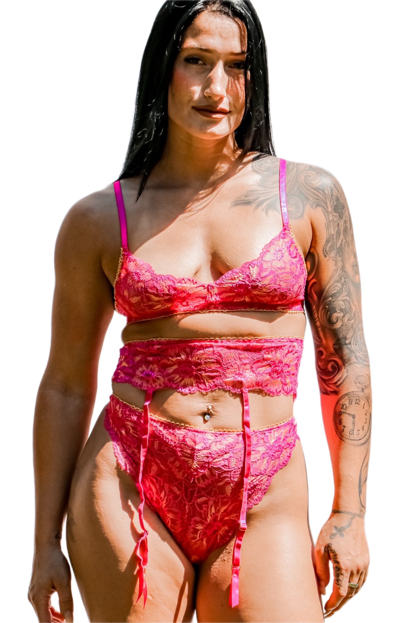 kilo brava pink and peach lace garter suspender front view