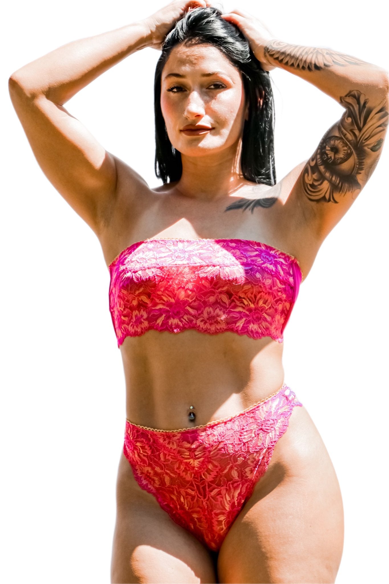 Kilo brava pink and peach lace high leg bikini front view 