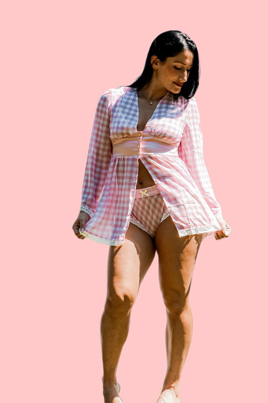 Kilo Brava pink gingham robe with satin belt lace trim and yellow details front view 
