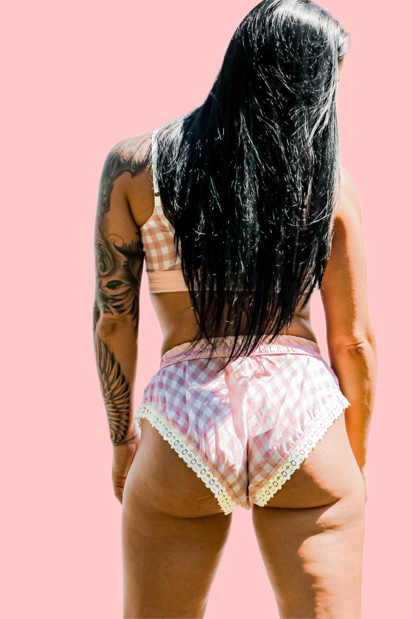 kilo brava pink gingham hot pants with lace trim back view