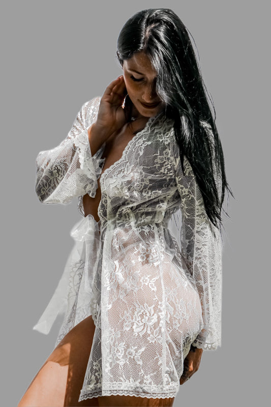 White all over lace robe with sheer ribbon sash tie front view 