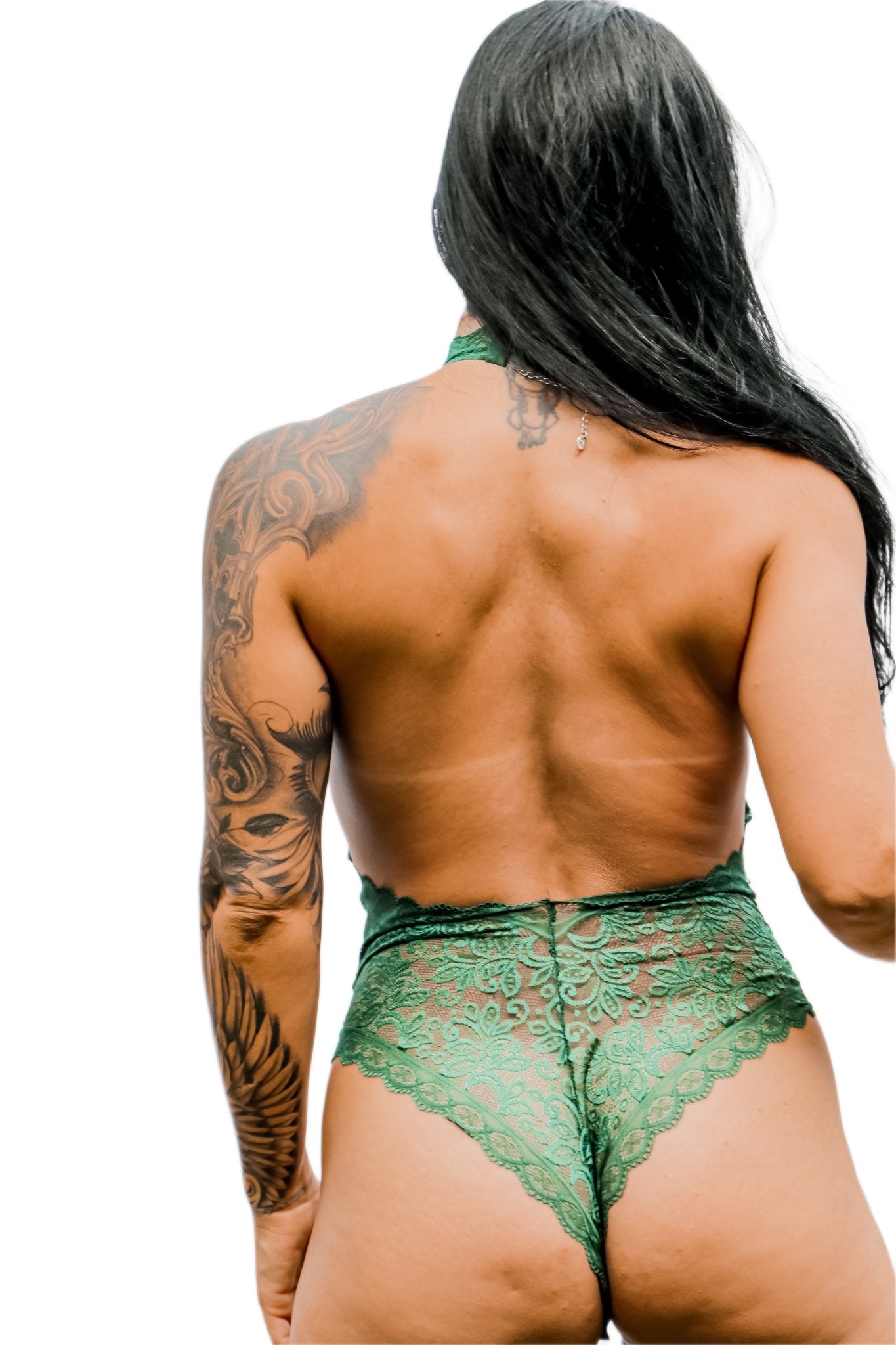 green all over lace teddy with key hole front and high leg back view