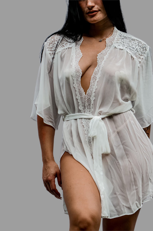 sheer white robe with lace trim and split sleeves front view