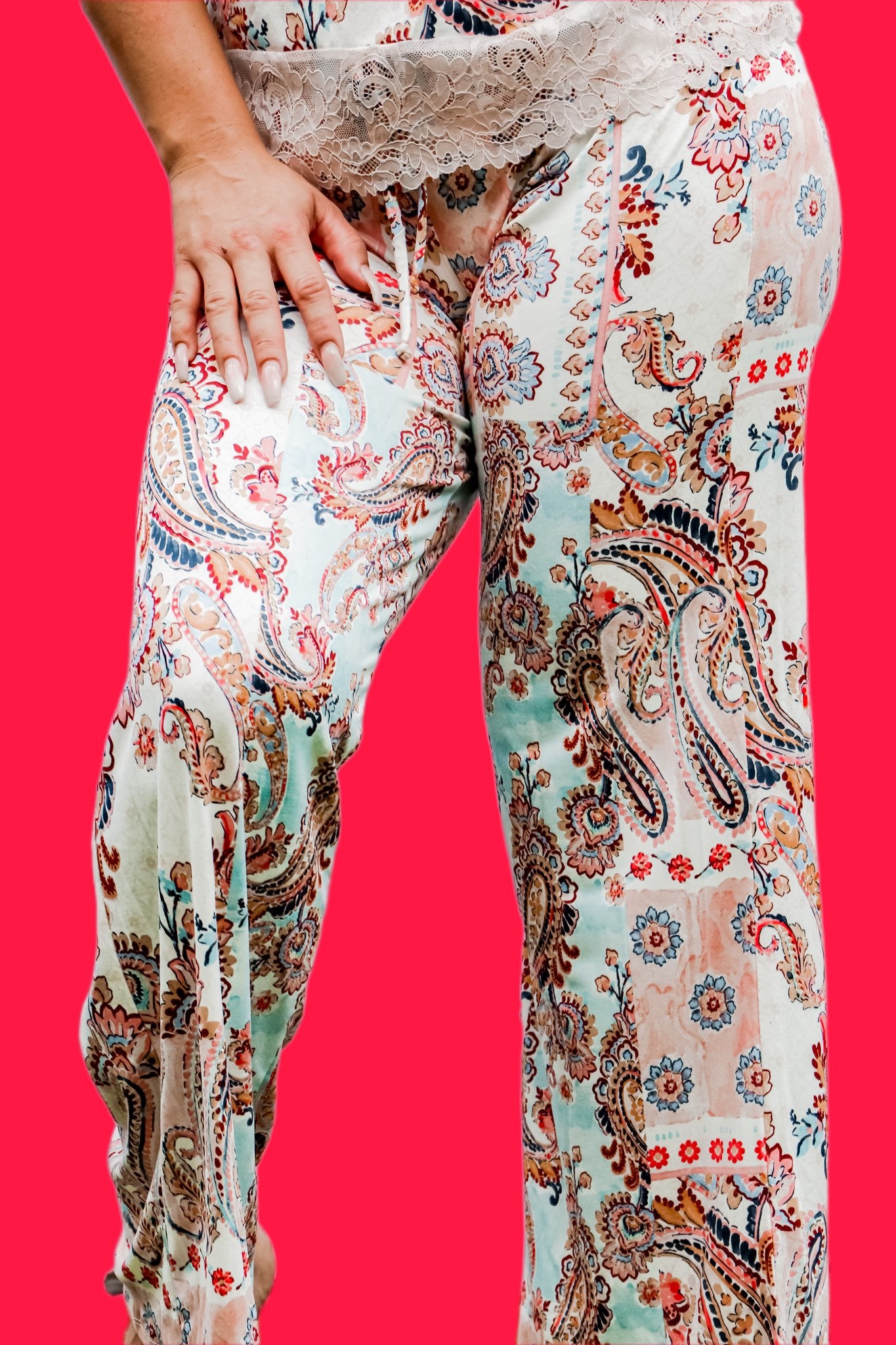 pale peach cotton paisley pajama pant set with racer back top with lace trim front view