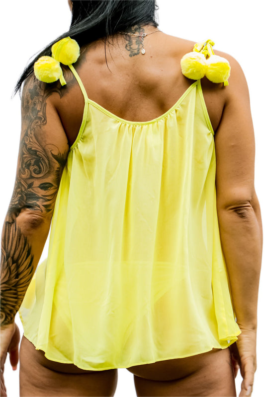 bettie page electric green babydoll with pom pom ties on shoulders and in front back view