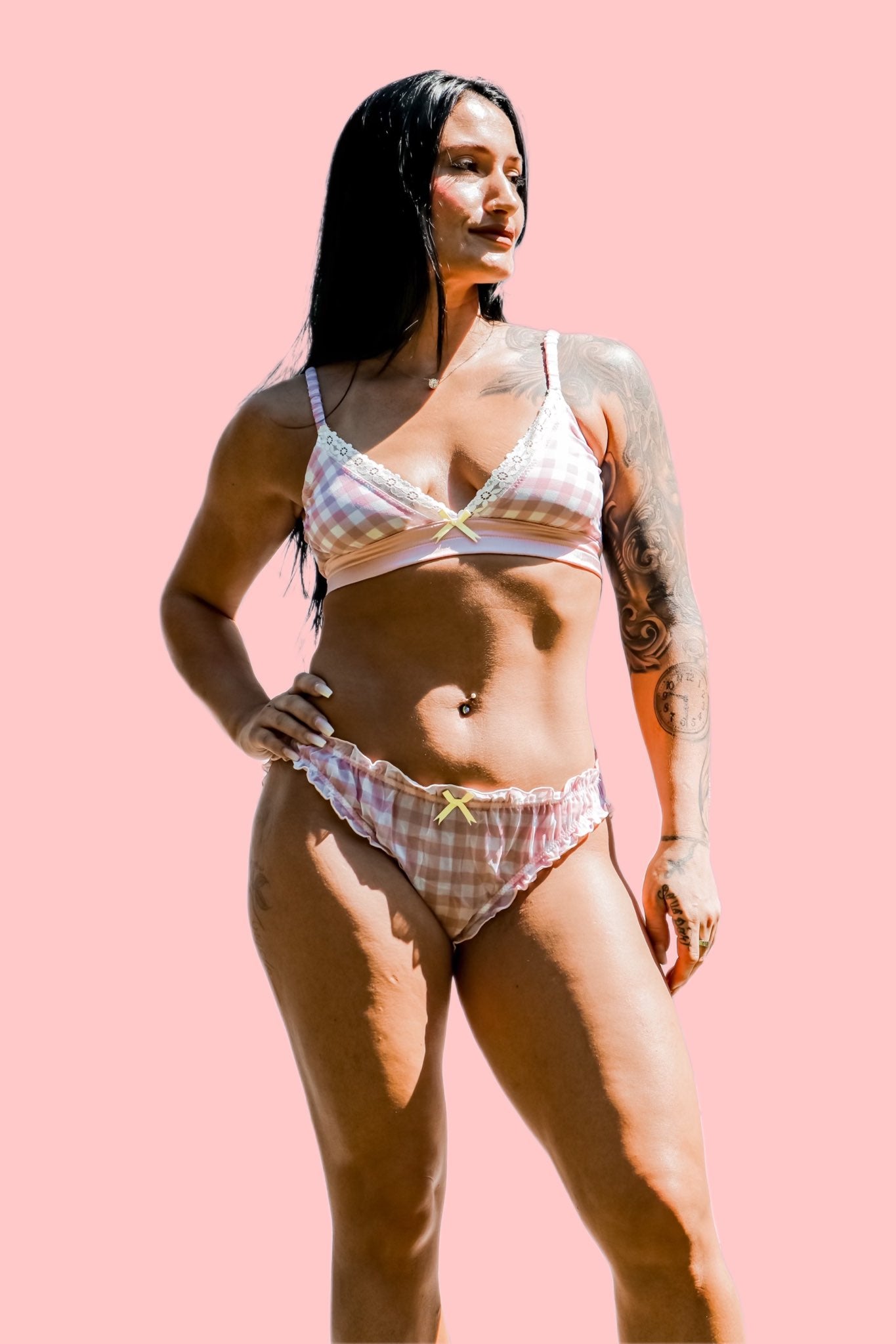 Kilo Brava pink gingham bikini with ruched back yellow bow front view 