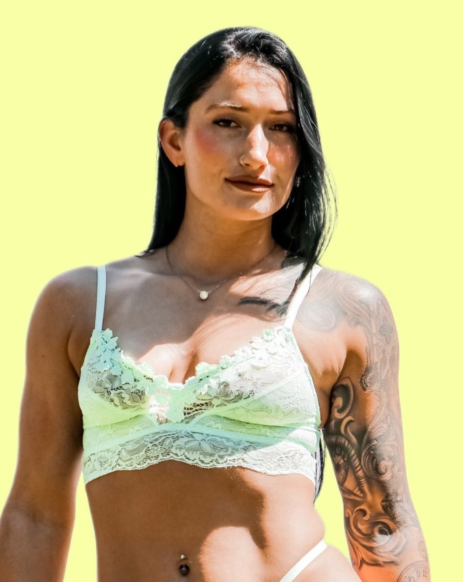 kilo brava mist green lace long line bralette with lace detail and applique front view