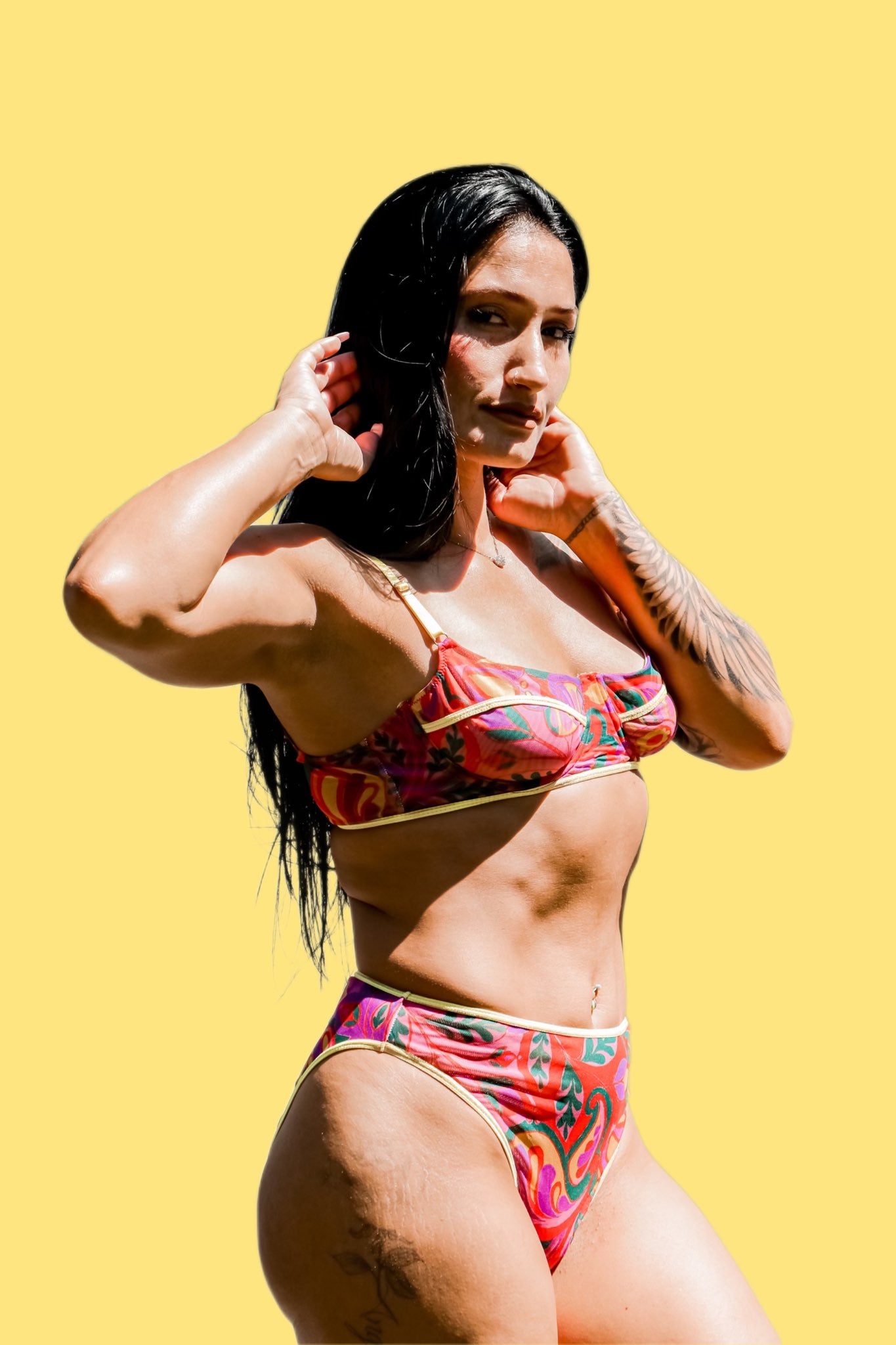 kilo brava paisley print mesh high leg bikini with yellow trim