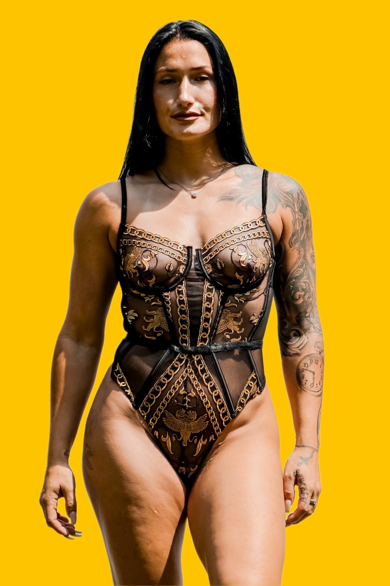 Kilo Brava black mesh lioness bodysuit with gold embroidery front view