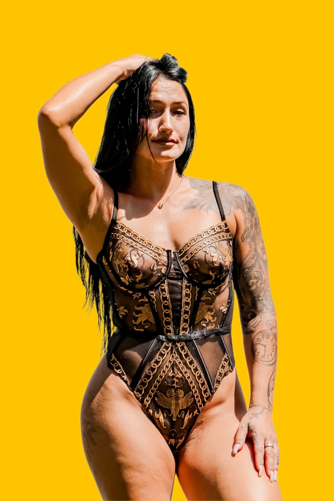 Kilo Brava black mesh lioness bodysuit with gold embroidery front view