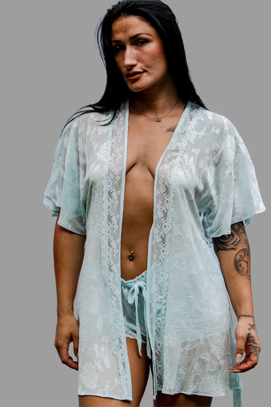 short Blue jacquard pattern robe with lace trim 