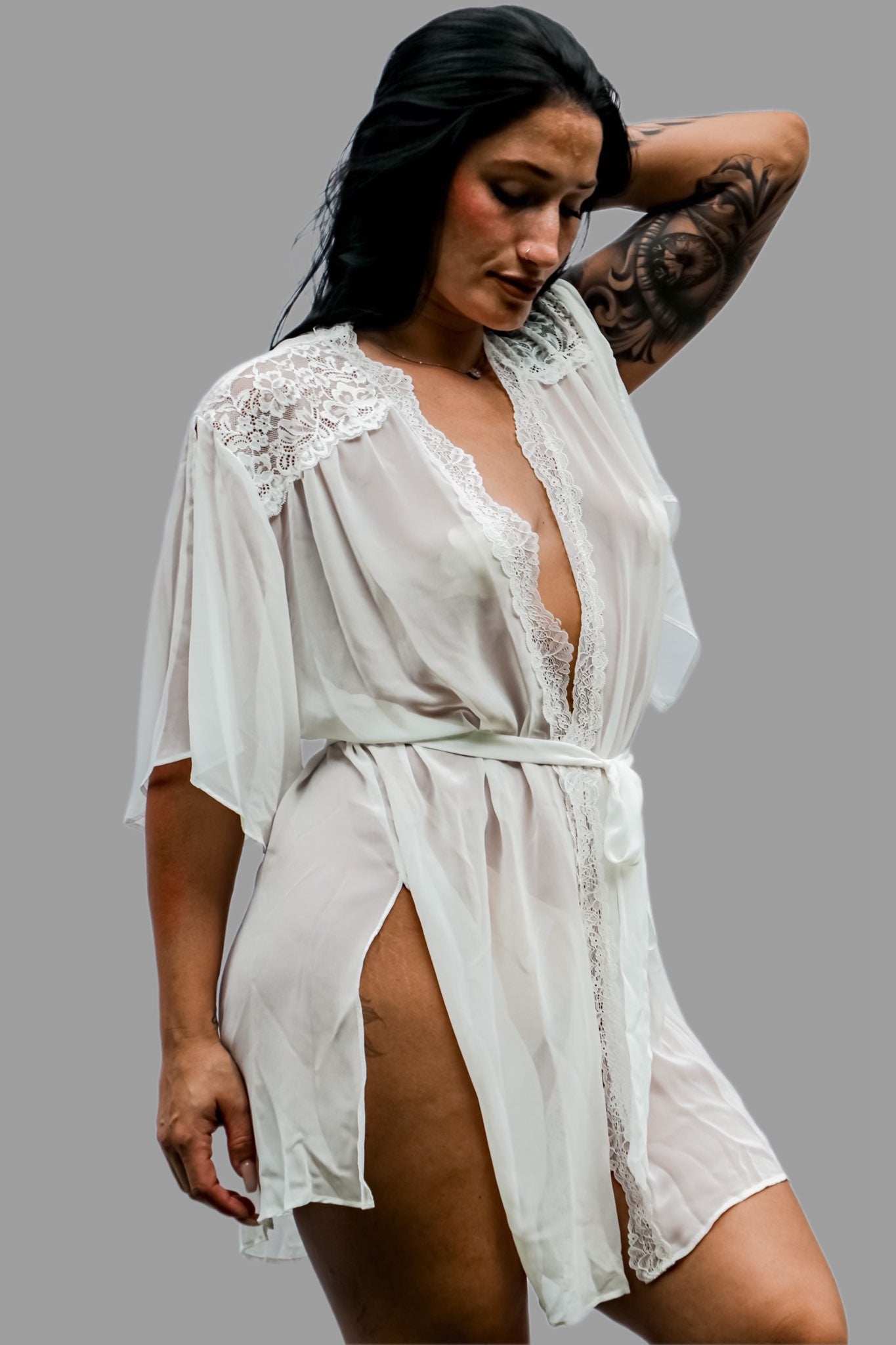 sheer white robe with lace trim and split sleeves front view